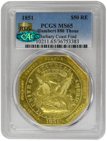1851 $50 RE Humbert 880 Thous California Gold PCGS MS65 Cover