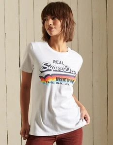 Superdry T-shirt Size 14 / US10 Vintage Coloured Signature Logo White Crew Neck - Picture 1 of 6