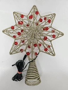 Gold Sparkled Star 3D Christmas Tree Topper Red Beads Lighted New READ - Picture 1 of 6