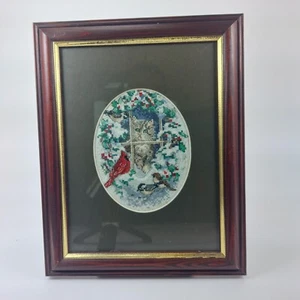 Vintage Katze & Vögel Kreuzstich - ovaler Rahmen Holzrahmen Kunst 19 x 24,5 cm - Bild 1 von 16