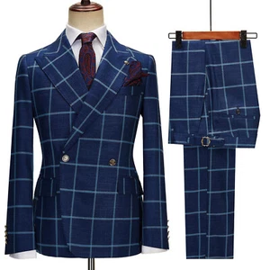 Men's Wedding Plaid Suit Peak Lapel Double Breasted Jacket Pant 2 Piece Slim Fit - Picture 1 of 11