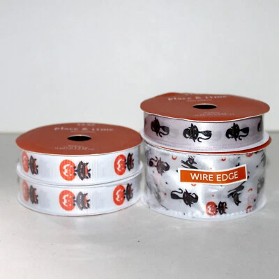 Lot 4 Place & Time Ribbon Black Cat Pumpkin wire edge satin white NEW Halloween - Image 1 of 4