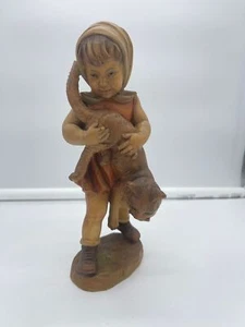 Vintage Anri Hand Carved Wood Figurine Girl Holding Cat Sculpture 9 Inch - Picture 1 of 6