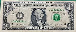 Fancy Serial Number 2009 One Dollar $1.00 FRN (53862222) - Picture 1 of 3