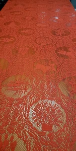 Red Lace Tablecloth 134 x 59" Machine Lace Trees Candy Canes Bells Poinsettias - Picture 1 of 8