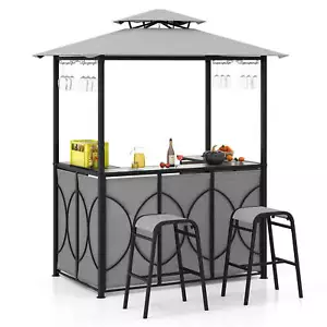 3 PCS Patio Bar Set w/ Tempered Glass Bar Table Metal Storage Shelves for Garden - Picture 1 of 10