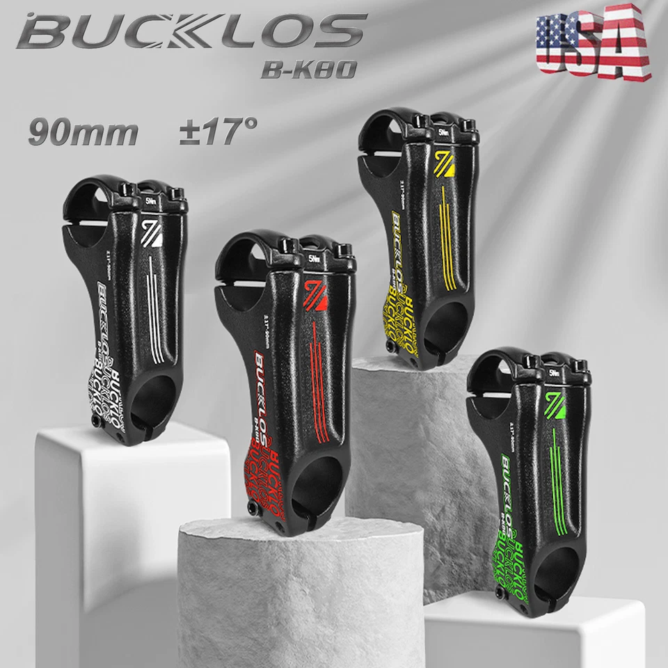 BUCKLOS Bike Stem 31.8mm/28.6mm MTB Road Cycling 90mm Handlebars ±17 degree Flat - Image 1 of 4