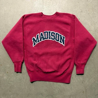 复古 90 年代 Champion James Madison JMU 反向编织圆领 L 品红 美国 — 第 1/4 张图片