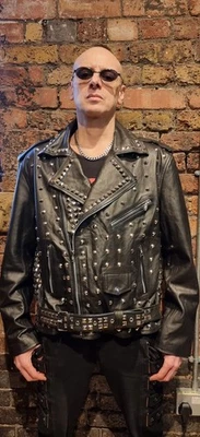 Genuine Leather 100% Real Leather Studded Black Men Biker Jacket (RRP £500) - Image 1 of 4