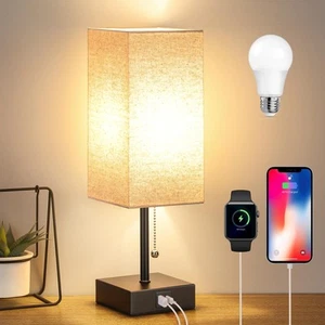 Bedside Table Lamp, Pull Chain Table Lamp with USB C+A Charging Ports, 2700K ... - Picture 1 of 9