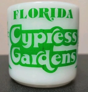 Cypress Gardens Becher Grün Druck Milchglas Vintage Florida Souvenir Cup - Bild 1 von 5