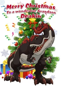 k707; Personalisierte WEIHNACHTSKARTE *mit beliebigem Namen und Text* Dinosaurier T-Rex - Bild 1 von 1