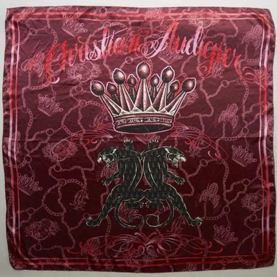 Christian Audigier Bufanda 100% Seda Charmeuse Coronas Merlot Panteras Negras 39x40" Foto 1 de 4