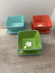 Crate & Barrel Sumiko 3 Bowls 3 Plates Flower Aqua Red Green Square - Picture 1 of 19