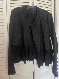Free People Black Military Double Breasted Ruffle Hem Jacket - Picture 1 of 18
