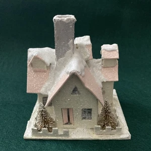 White & Pink Christmas Village Putz House w/ Trees ~ 4.5” High ~ Reproduction - Picture 1 of 8