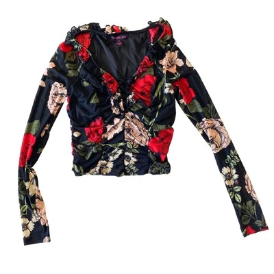 Material Niña: Blusa Romántica Negra Floral Roja Rosa Corbata Frontal Manga Larga: M Foto 1 de 4