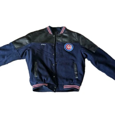 Chicago Cubs Vintage Jacket Blue Wool Body Black Leather Shoulders Quilted Liner - Image 1 of 4