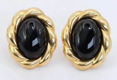 CIG 14k желтое золото серьги овальный изогнутый рамка оникс большой 1» + 27 x 24 мм Omega винтажный - Изображение 1 из 4