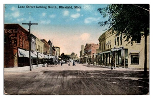 BLISSFIELD, MICHIGAN - BUSY LANE STREET LOOKING NORTH - 1919 POSTCARD - Picture 1 of 2