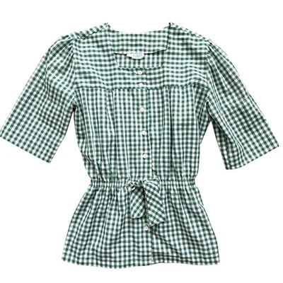 Vintage 70s Gingham Top Womens Medium Green Country Cottage Picnic Feminine  - Image 1 of 4