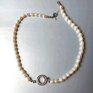 Mode Süßwasser Perlen Silber Ton Glas Strass Anhänger Halskette 18'L - Bild 1 von 4