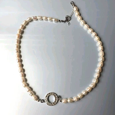 时尚淡水珍珠银色玻璃水钻吊坠项链 18'L — 第 1/4 张图片