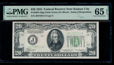 AC Fr 2054-J 1934 $20 Kansas City PMG 65 EPQ uncirculated - Image 1 of 2