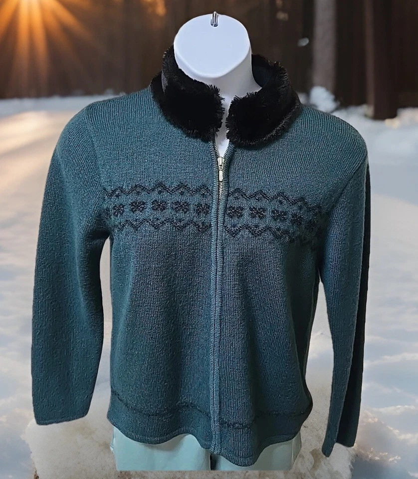 Suéter De Colección Karen Scott Verde 100% Lana Isla Justa Cremallera Cuello de Piel Sintética Talla S Foto 1 de 4