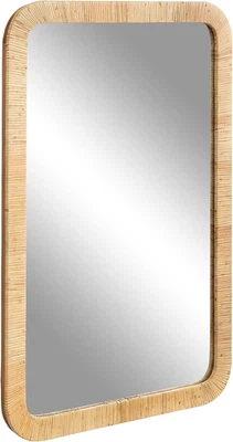 Rahfy Boho Rectangle Rattan Wall Mirror, 24 X 36, Natural Wood, Decorative Round - Image 1 of 4