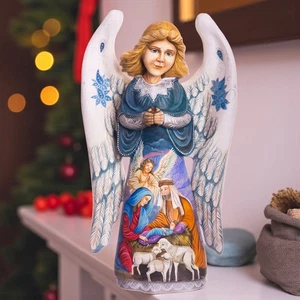 Hand Carved Wooden Angel with Nativity Scene 12.9" | Christian Christmas Decor - Picture 1 of 9