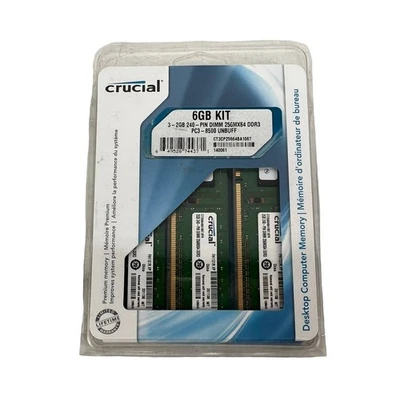 Crucial 6GB Kit 2GBx3 240 Pin DIMM DDR3 PC3-8500 UNBUFF Memory Modules - Image 1 of 4