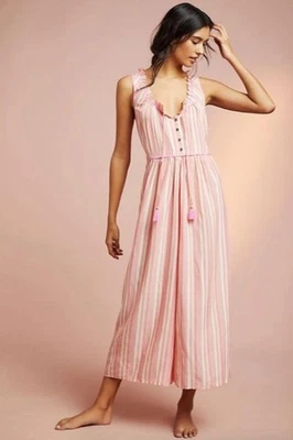 Anthropologie Visayas Stripe Jumpsuit Sz Medium Pink Orange Ruffled New $120 Tag - Image 1 of 4