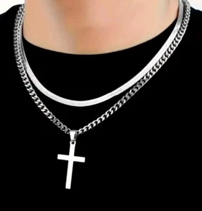 Men Stainless Steel Cross Pendant Necklace X2 Necklaces Christmas 011 - Picture 1 of 3