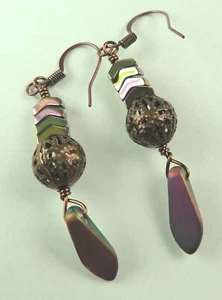 Bronze & Dagger Czech Beads Multicolor Hematite Earrings Handmade Boho - Picture 1 of 1
