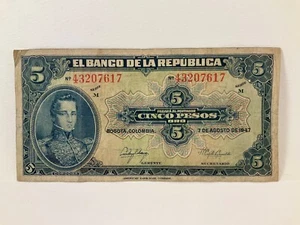 Colombia 5 Pesos Oro Banknote 1947 Old Colombian Circulated Currency #473 - Picture 1 of 6