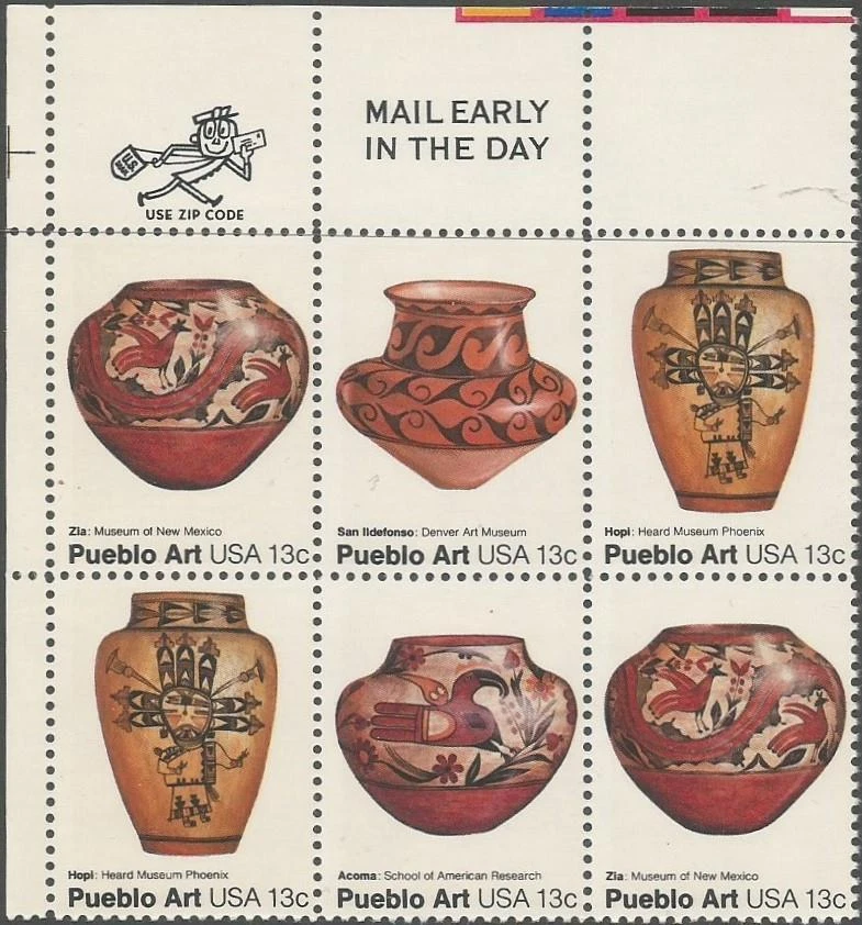 Mail Early Block of 6 - Scott 1706-1709 - 13 cent - Pueblo Art - 1977 - MNH - Image 1 of 1