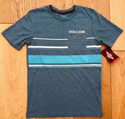 VOLCOM Camiseta a Rayas Azul Índigo 7/XL Jóvenes Niños con Bolsillo en el Pecho Nueva Foto 1 de 4