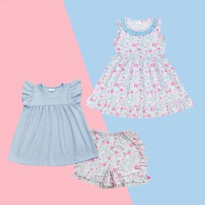 Bebés Niñas Azul Volantes Hermano Hermano Vestidos Floral Pantalones Cortos Conjuntos de Ropa Foto 1 de 3