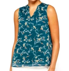 NWT Papermoon Teal Blue Floral Top Dressy Sleeveless Blouse V Neck Tank SMALL - Picture 1 of 11