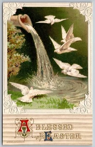 Vintage Postcard A Blessed Easter Fountain Doves John Winsch *6845 - Picture 1 of 2