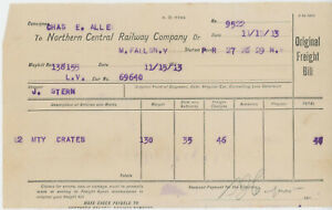 1913 Northern Central Railway Co. Freight Bill New York Railroad Way M. Falls