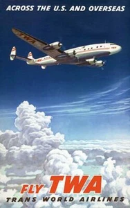 Fly TWA - A travers les États-Unis et l'étranger - Années 50 - Affiche de voyage aimant - Photo 1/2