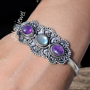 Amethyst & Labradorite Gemstone 925 Sterling Silver Cuff Designer Gift Bangle - Picture 1 of 5