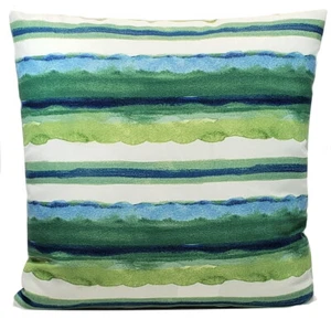 Green and Blue Outdoor Watercolor Horizontal Stripe Pillow Cover 17x17 - Picture 1 of 7