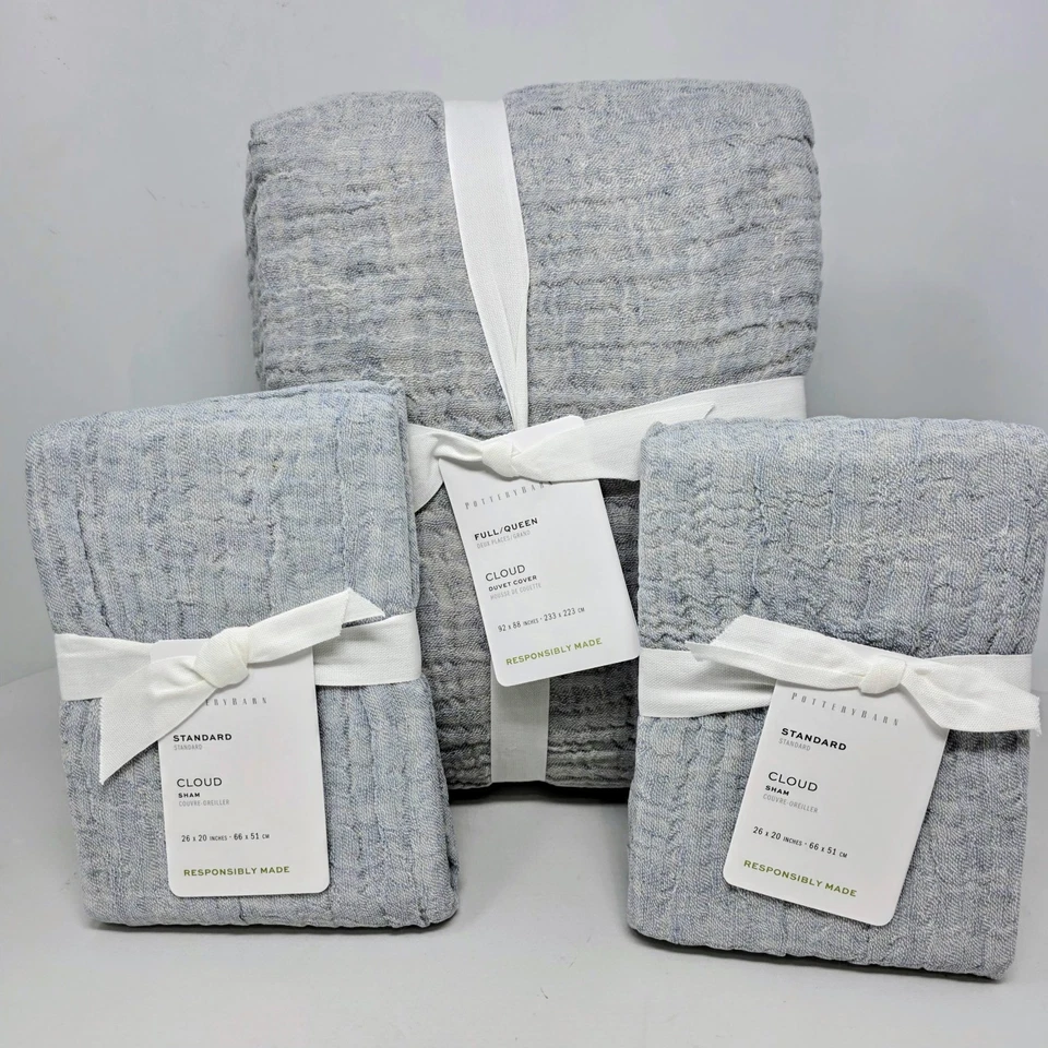 FUNDA NÓRDICA POTTERY BARN Nube Lino Algodón Completa Queen Cambray 2 Fundas Nueva Foto 1 de 1
