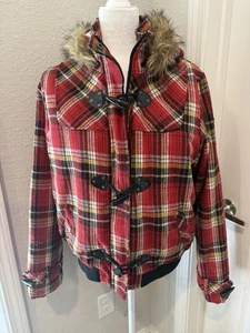 Chaqueta Southpole para mujer talla XXL roja franela a cuadros piel sintética con capucha abrigo Y2k - Imagen 1 de 10