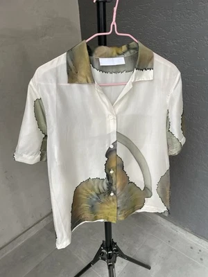 Nicole Farhi 100% шелк блузка на пуговицах размер 4 белый и зеленый короткие рукава - Изображение 1 из 4