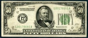 US FEDERAL RESERVE NOTE $50 SERIES 1928 WOODS-MELLON NOTE A79 - Picture 1 of 2