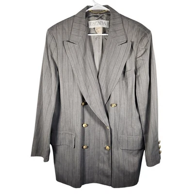 ESCADA Vintage Blazer Women's Size 40 / US 8-10 Gray Striped Silk Gold Button - Image 1 of 4